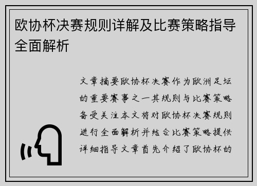 欧协杯决赛规则详解及比赛策略指导全面解析